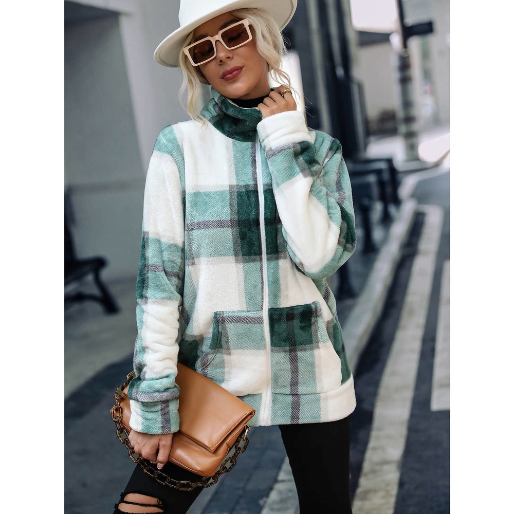 Plaid Zip Up Plush Jacket with Pockets